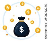 Money bag with golden dollar coins, golden coins, flat vector illustration of money bag with coins, wealth, business,