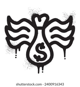 Money bag graffiti with wings drawn with black spray paint