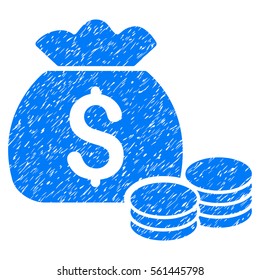 Money Bag grainy textured icon for overlay watermark stamps. Flat symbol with dust texture. Dotted vector blue ink rubber seal stamp with grunge design on a white background.
