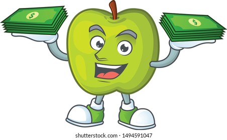 With money bag granny smith green apple cartoon mascot