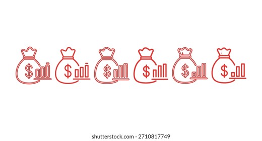 Money bag with graph icon set for financial growth and investment performance tracking. Money bag, graph, financial, growth, investment.
