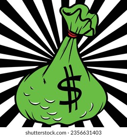 Money bag. Green Dollar $ sign. Pop Art Comic book style vector, retro, vintage illustration, Classic