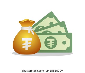 Money bag and green nots With Mongolian togrog Sign. Vector financial illustration.