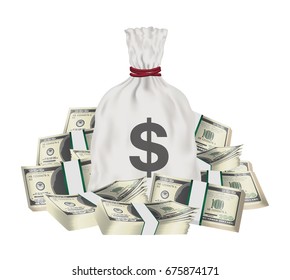 money bag with group of pack dollar banknotes  