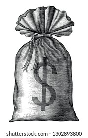 Money Bag Hand Draw Vintage Engraving Isolated On White Background