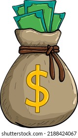 Money Bag Hand Drawn Dollar Sack, Money Bag Sketch. Isolated Color Illustration