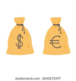 Bolsa de dinero. Ilustración vectorial dibujada a mano aislada sobre fondo blanco. Efectivo financiero.