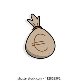 Money Bag, a hand drawn vector illustration of a money bag with Euro symbol, isolated on a simple backdrop shadow (separate group).