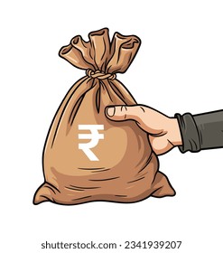 Money bag in hand. Hand holding rupee bag isolated on white background.