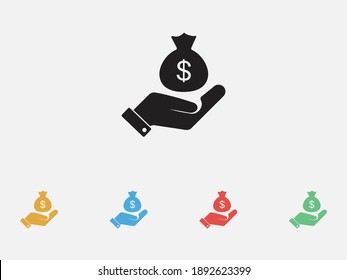 Money bag in a hand icon. Money bag and dollar with hand icon. Filled vector icon. Set of colorful flat design icons