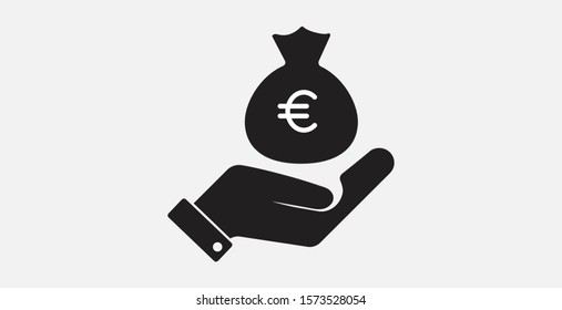 Money bag in a hand icon. Money bag and euro with hand icon. Filled vector icon