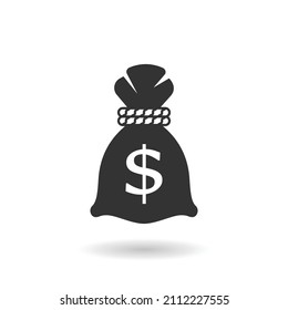 Money bag in hand icon in flat style. Moneybag vector illustration on isolated background. Coin sack sign business concept.