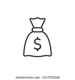 Money bag in hand icon in flat style. Moneybag vector illustration on isolated background. Coin sack sign business concept.
