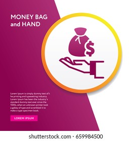 Money Bag and Hand Icon Flat Isolated. Info Board Graphic Silhouette Vector Symbol 