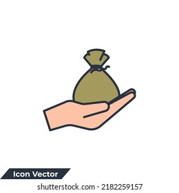 Money bag in hand icon logo vector illustration. finance symbol template for graphic and web design collection