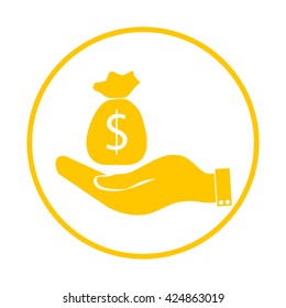 Money bag in hand. moneybag and hand. Hand holds cash bag in dollars symbol. Money insurance sign.