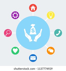 Money bag in hand vector icon.  Bonus icons: house, light bulb, phone, speech bubble, email, heart, magnifying glass, settings.