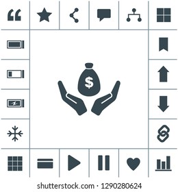 Money bag in hand vector icon. Hand holds cash bag in dollars symbol. Money insurance sign.