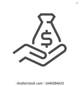 Money bag and hand vector icon for financial graphic design element.