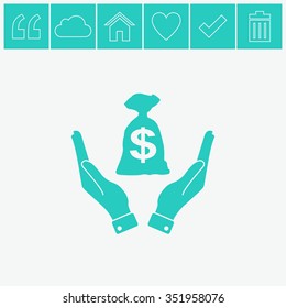 Money bag in hand vector icon. 