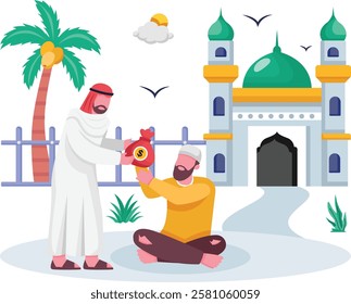 Money bag handed over to Needy Brother concept, Almsgiving or Fitrana right before eid Prayer vector icon design, ramadan and al-Fitr Banner, Muslim fasting month scene, Arabic holidays illustration