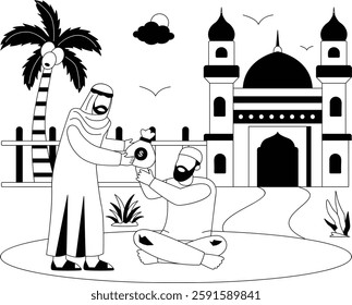 Money bag handed over to Needy Brother concept, Almsgiving or Fitrana right before eid Prayer vector icon design, Ramazan and al-Fitr sign, Muslim fasting month story, Arabic holidays illustration