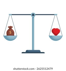 Money bag and heart balancing on scales, symbolizing the difficult choice between financial stability and emotional fulfillment