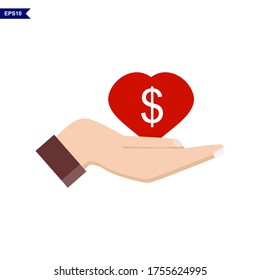 A money bag holding an isolated hand on a white background. Fundraising icon. Vector illustration