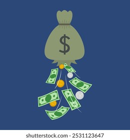 Una bolsa de dinero con un agujero y billetes cayendo. Plano, Vector, ilustración, dibujos animados, EPS10.  