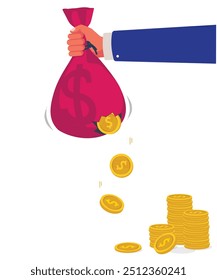 Money bag with hole in hand. Losing golden coins and dollar cash. Losing money and overspending. Vector illustration in flat style