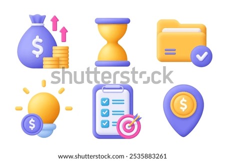 Money bag, hourglass, folder, lightbulb, file and map pin. Business 3d vector icon set. Cartoon minimal style.