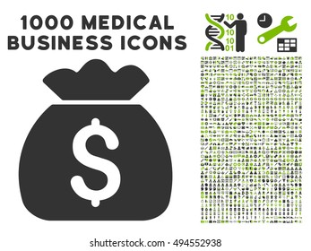Money Bag icon with 1000 medical commerce eco green and gray vector pictographs. Design style is flat bicolor symbols, white background.