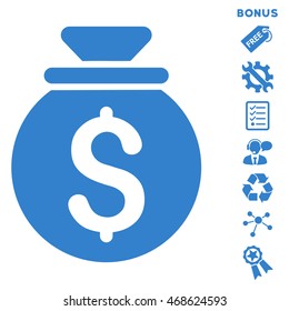 Money Bag icon with bonus pictograms. Vector illustration style is flat iconic symbols, cobalt color, white background, rounded angles.