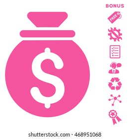 Money Bag icon with bonus pictograms. Vector illustration style is flat iconic symbols, pink color, white background, rounded angles.