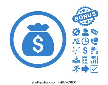 Money Bag icon with bonus pictures. Vector illustration style is flat iconic symbols, cobalt color, white background.