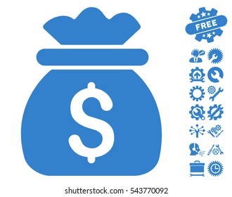 Money Bag icon with bonus tools pictures. Vector illustration style is flat iconic symbols, cobalt color, white background.