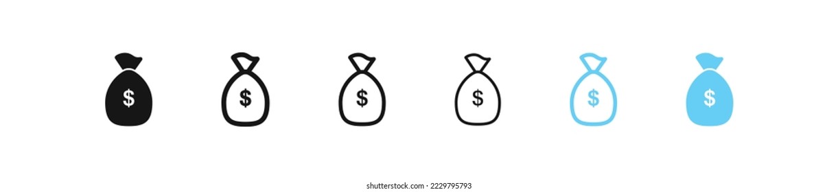 Money bag icon. Cash sign. Dollar sack symbol. Bank icons. Blue and black color. Vector isolated sign.