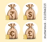 Money bag icon with coins stacked, different currency symbols