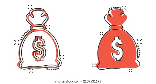 Money bag icon in comic style. Moneybag cartoon vector illustration on isolated background. Coin sack splash effect sign business concept.