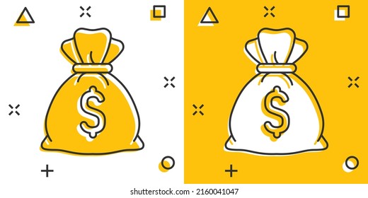 Money bag icon in comic style. Moneybag cartoon vector illustration on isolated background. Coin sack splash effect sign business concept.