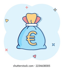 Money bag icon in comic style. Moneybag cartoon vector illustration on isolated background. Coin sack splash effect sign business concept.