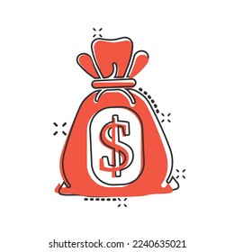 Money bag icon in comic style. Moneybag cartoon vector illustration on isolated background. Coin sack splash effect sign business concept.