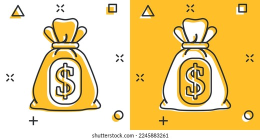 Money bag icon in comic style. Moneybag cartoon vector illustration on isolated background. Coin sack splash effect sign business concept.