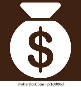 Money Bag icon from Commerce Set. Vector style: flat symbol, white color, rounded angles, brown background.