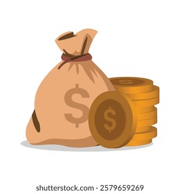 Money bag icon with dollar, gold coins, and banknote. Flat vector illustration showcasing a financial symbol set.