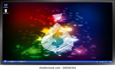 Money bag icon. Dollar sign on the screen monitor. Scribble and hatching style. Made vector illustration