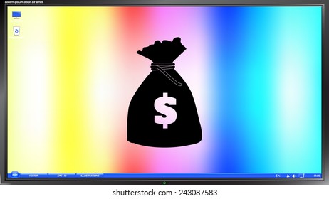 Money bag icon. Dollar sign on the screen monitor. Made vector illustration