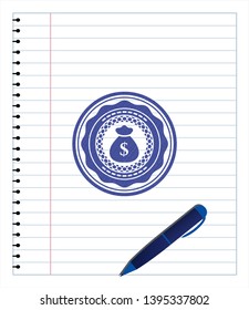 money bag icon drawn with pen strokes. Blue ink. Vector Illustration. Detailed.