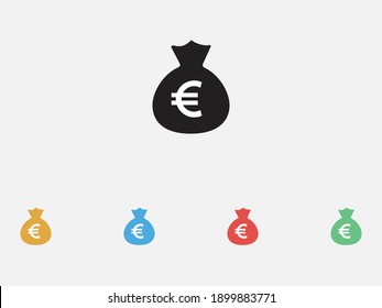 Money Bag Icon. Money Bag With Euro Icon. Filled Vector Icon. Set Of Colorful Flat Design Icons. 