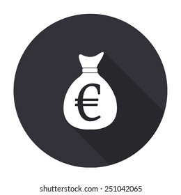 money bag icon with euro sign with long shadow - vector round button